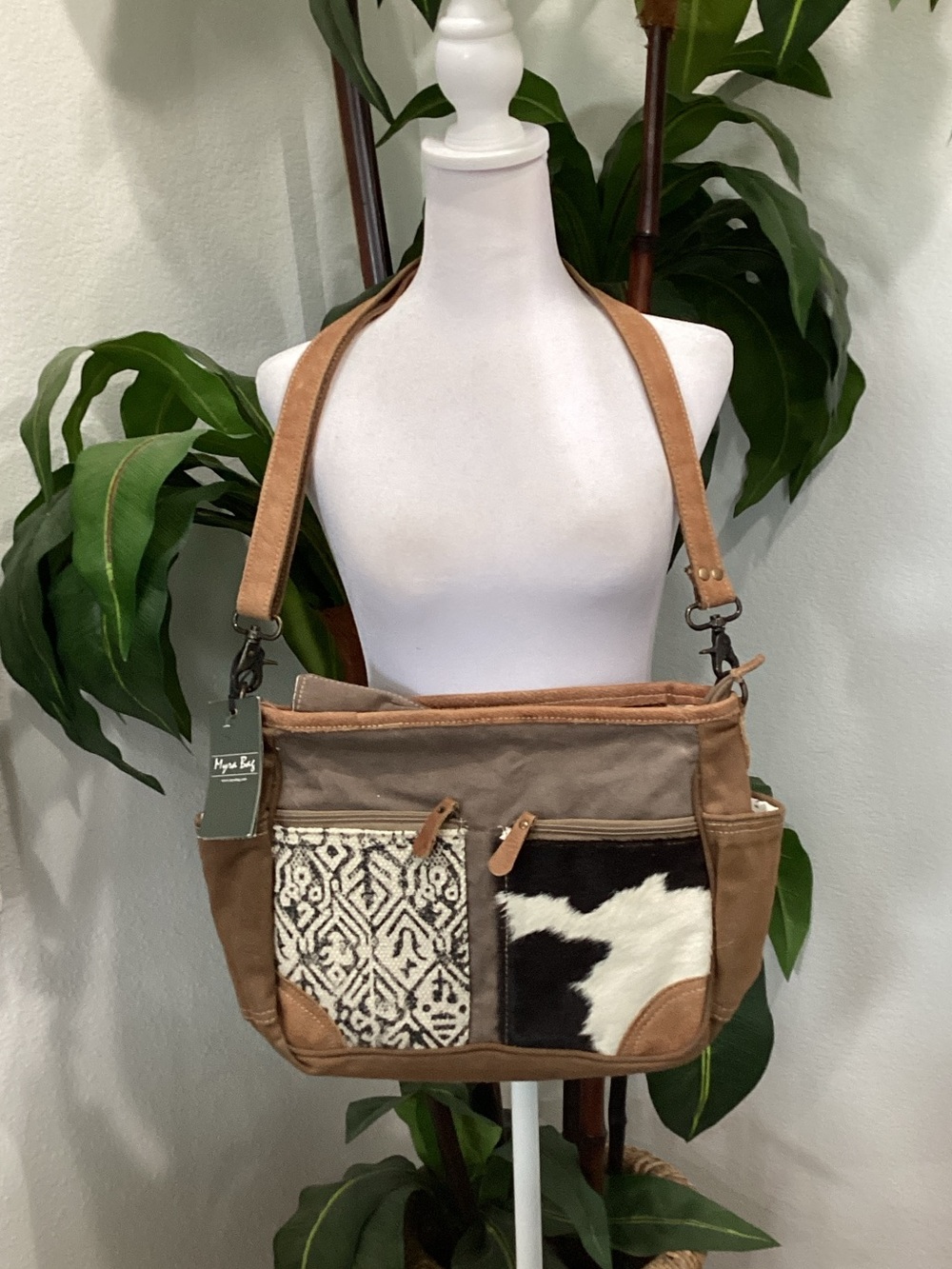 Myra Bag Patchwork Cowhide & Woven Shoulder Bag - Brown‎